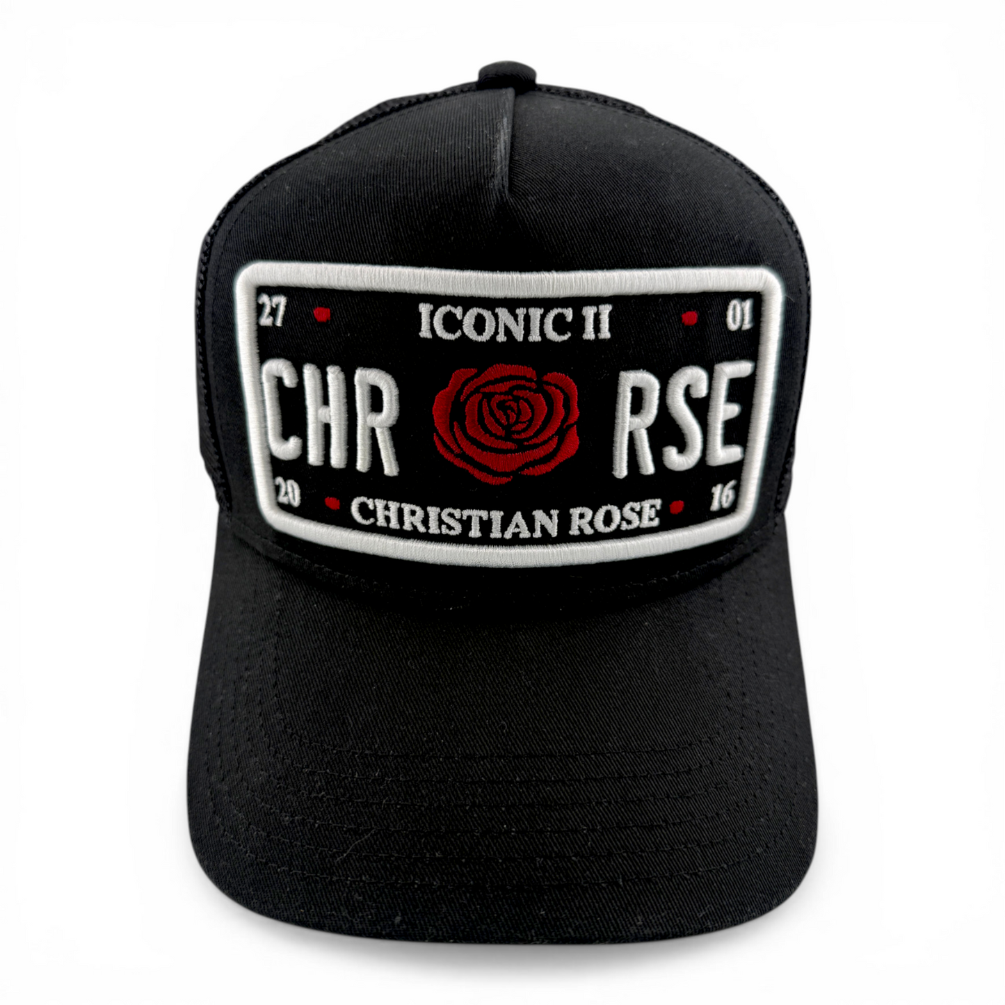 Christian Rose Iconic II London Plate Red Trucker Mesh Back Adjustable Hat Cap