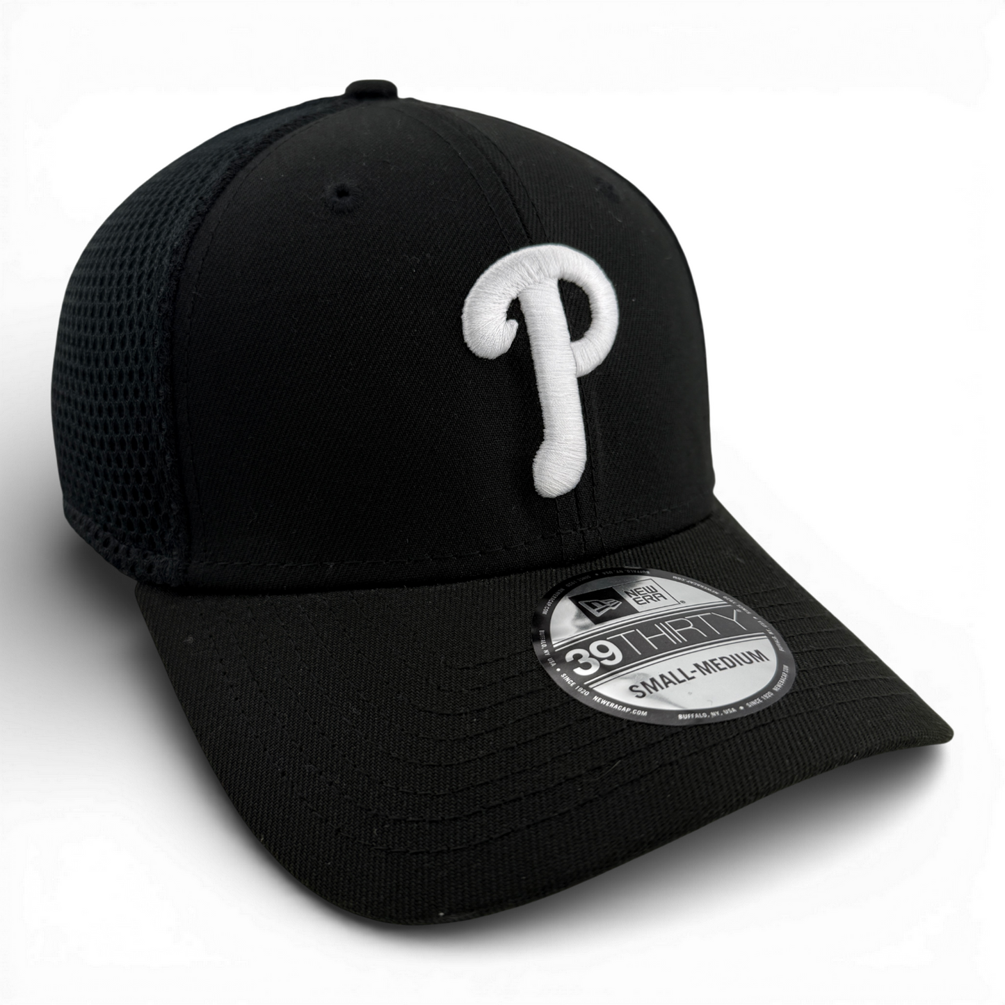 New Era Philadelphia Phillies Black White Logo Neo Mesh 39Thirty Flex Fit Ha
