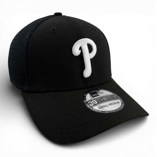 New Era Philadelphia Phillies Black White Logo Neo Mesh 39Thirty Flex Fit Ha
