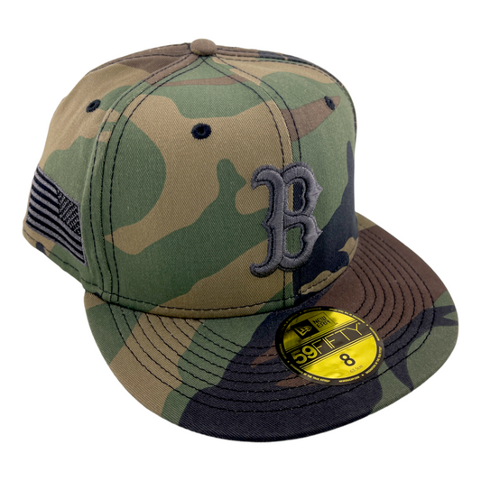 New Era Boston Red Sox Flag Patch Camouflage Camo Gray Logo 59FIFTY Fitted Hat