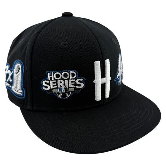 Hoodrich OG Stadium V2 Logo UV Full Patches Black/Blue Fitted Flatbill Hat Cap