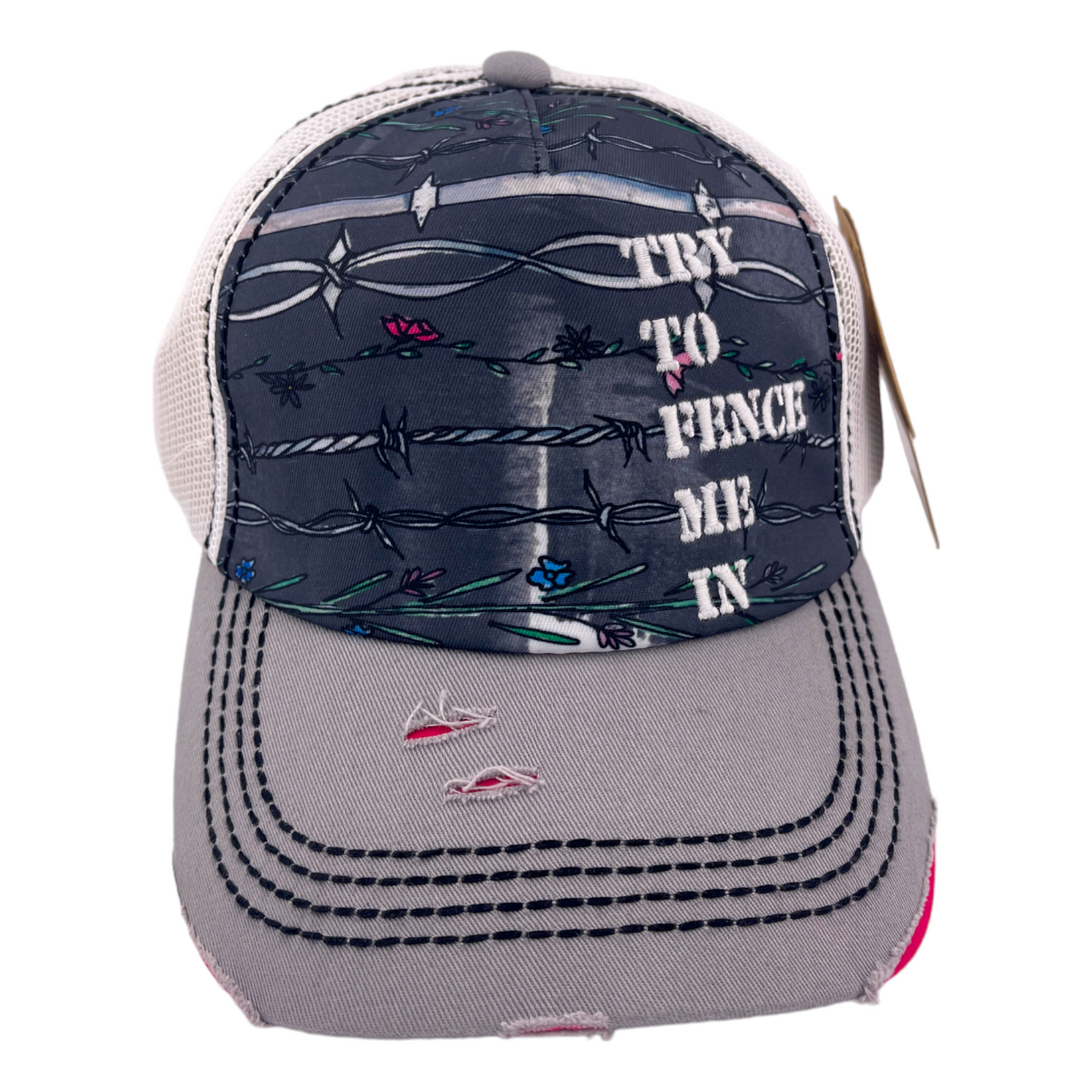 Catchfly Try To Fence Me In Barbwire Distressed Mesh Adjustable Baseball Hat Cap