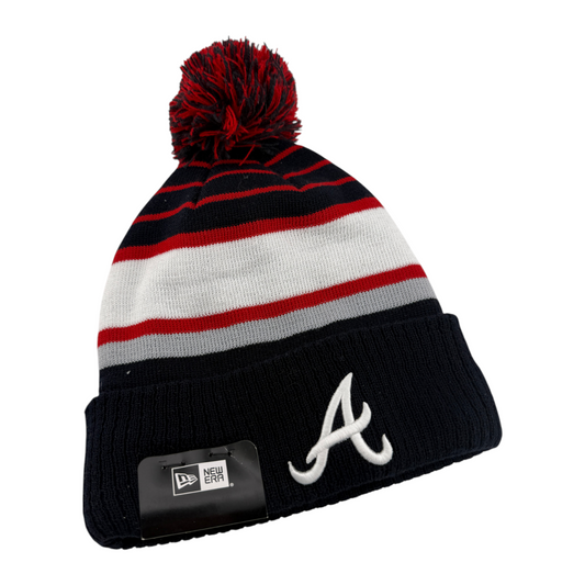 New Era Atlanta Braves MLB 2025 Team Stripe Knit Removable Pom Beanie Cuffed Hat