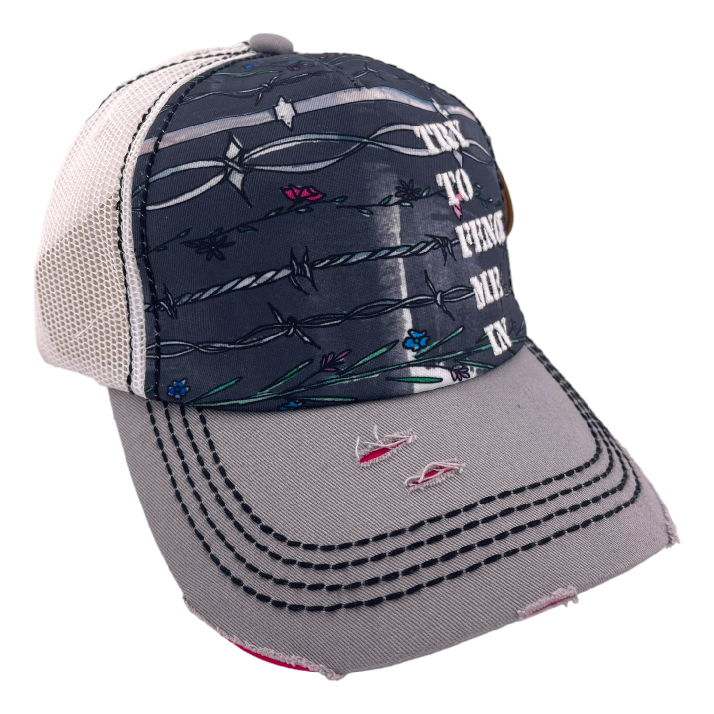 Catchfly Try To Fence Me In Barbwire Distressed Mesh Adjustable Baseball Hat Cap