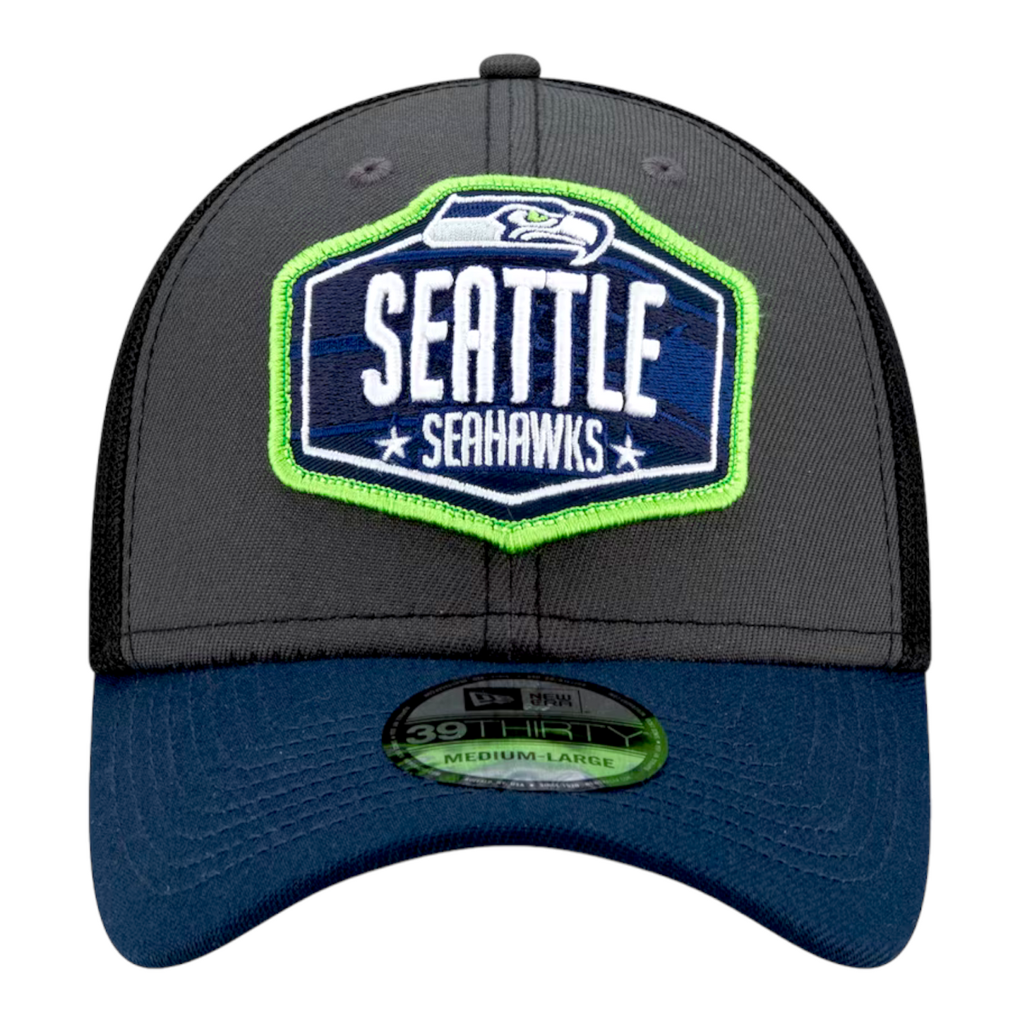 New Era Seattle Seahawks 2021 NFL Draft Blue/Grey 39Thirty Flex Fit Trucker Hat Cap