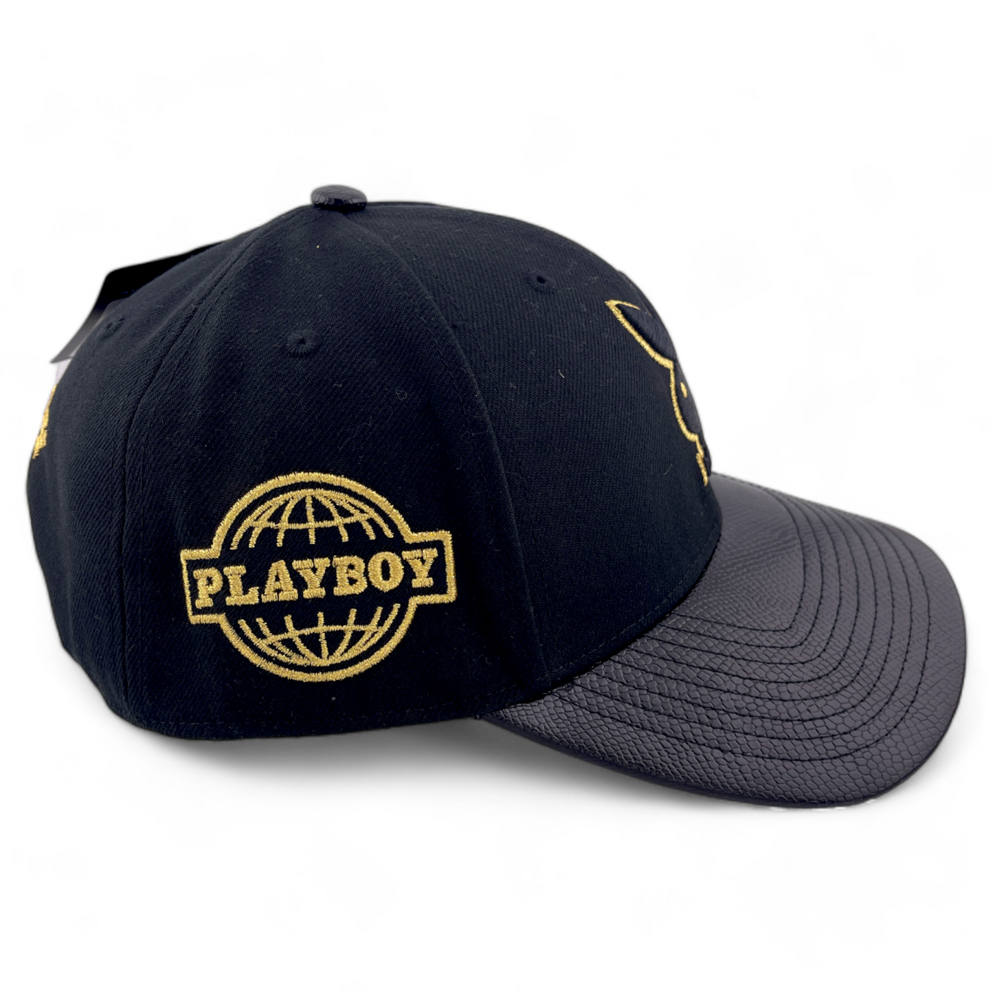 Playboy Premium Bunny Leather Bill Black/Gold Adjustable Snapback Hat Cap