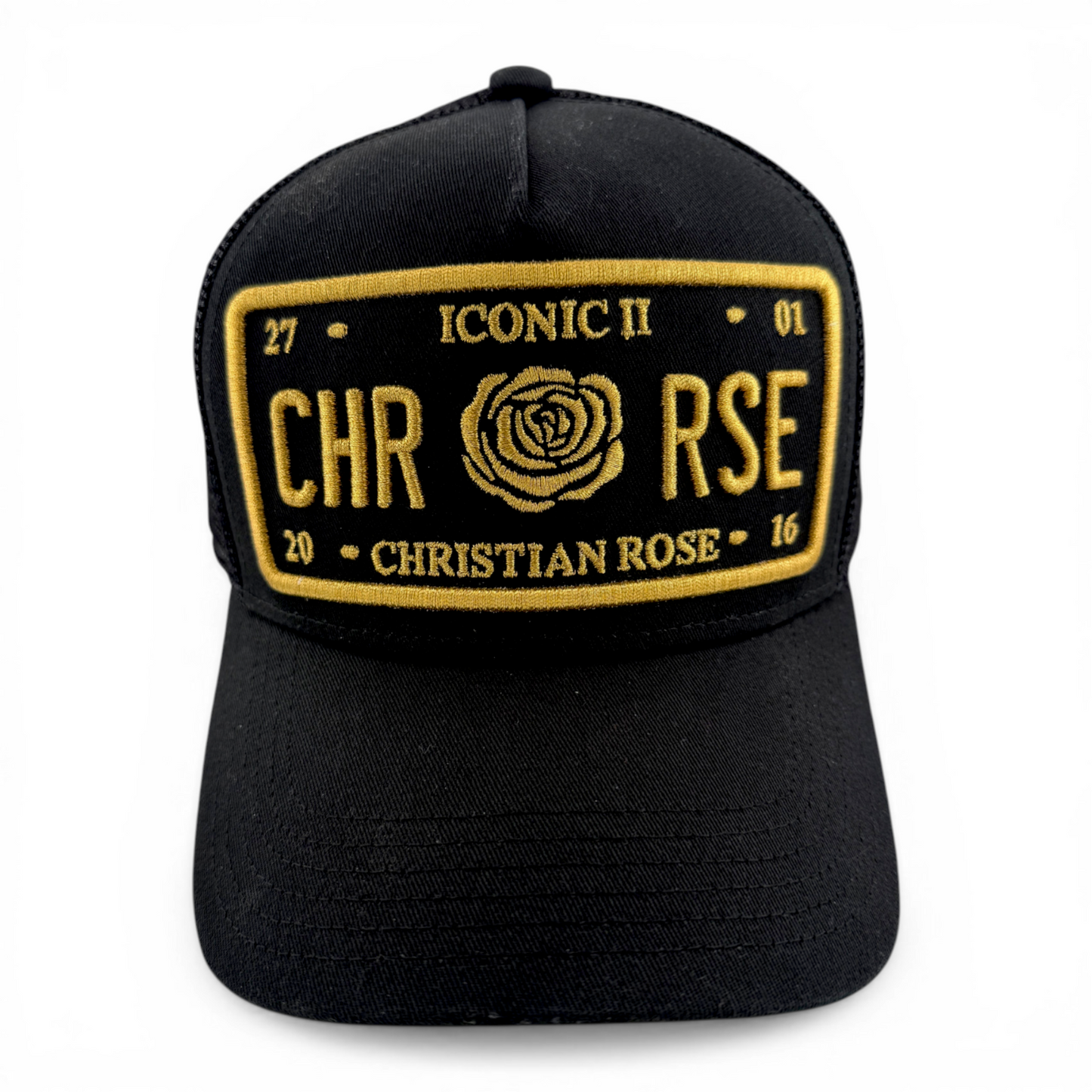Christian Rose Iconic II London Plate Gold Trucker Mesh Back Adjustable Hat Cap
