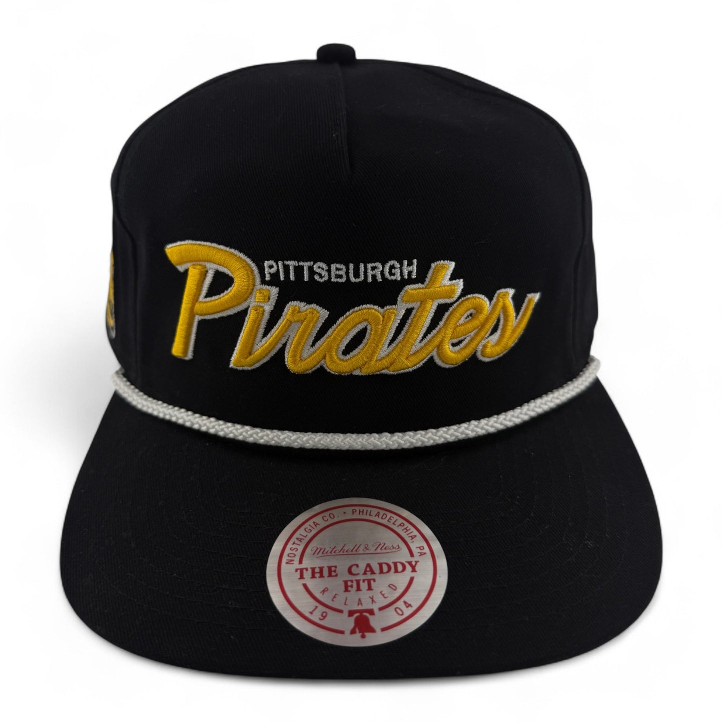 Mitchell & Ness Pittsburgh Pirates Script A-Frame Rope Golfer Caddy Fit Snapback