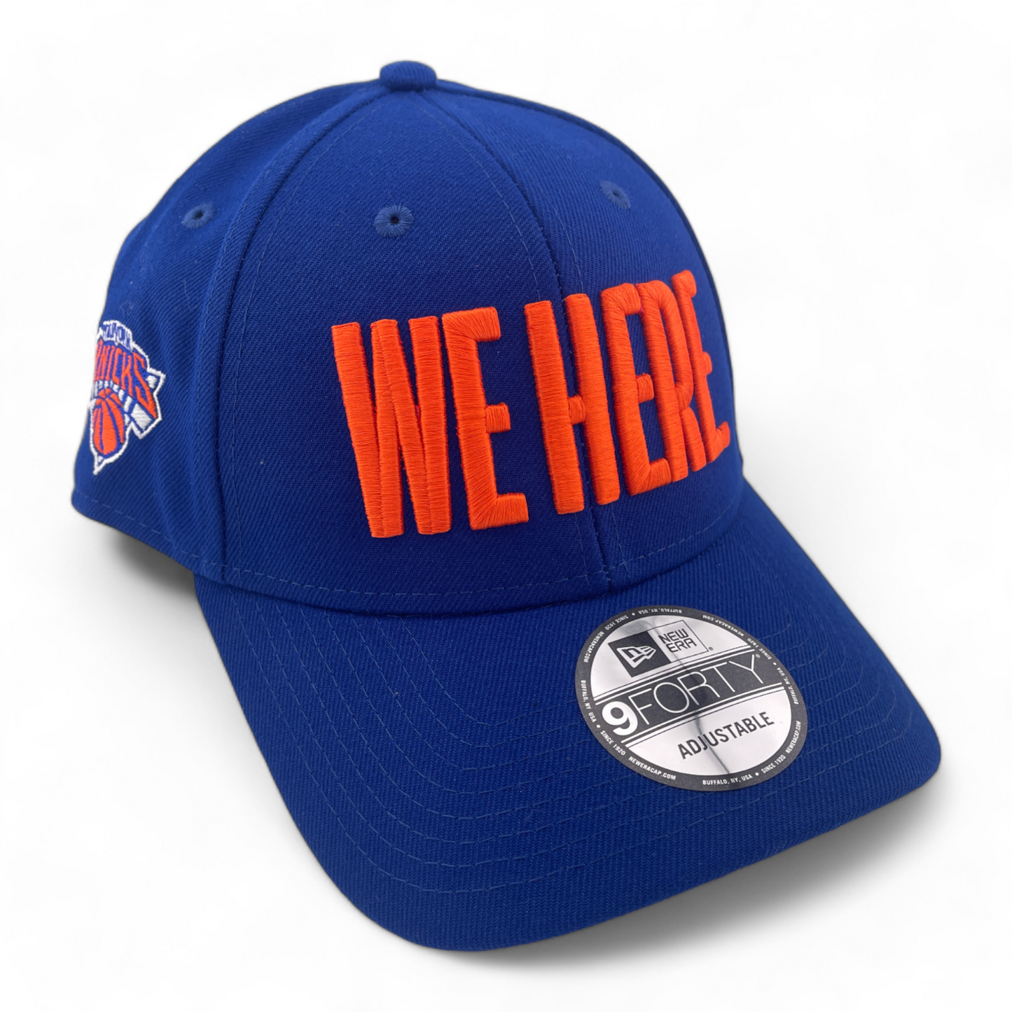 New Era New York Knicks “We Here” Blue Orange Patch 9Forty Adjustable Hat Cap