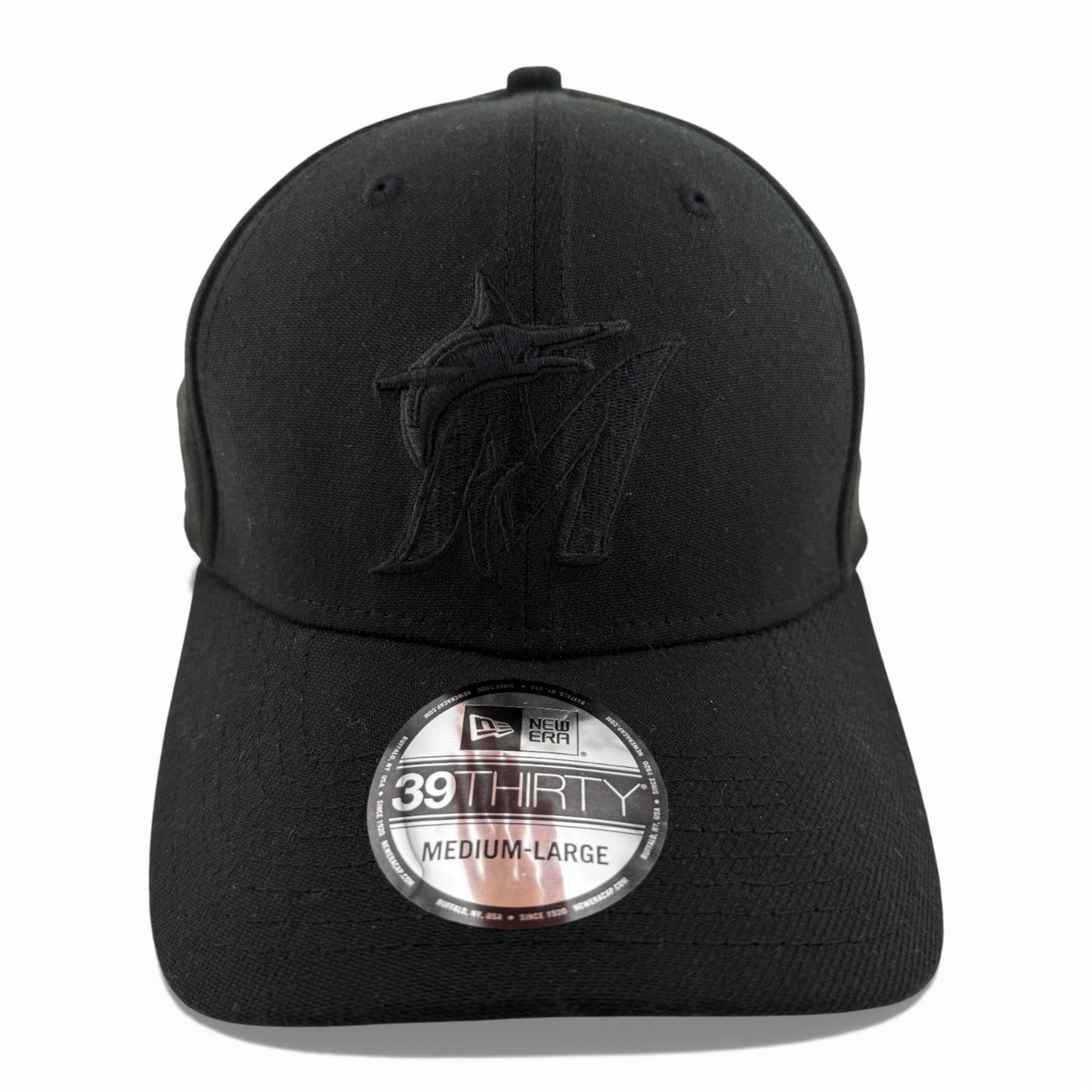 New Era Miami Marlins MLB All Blackout Blacked Out 39Thirty Flex Fit Hat Cap