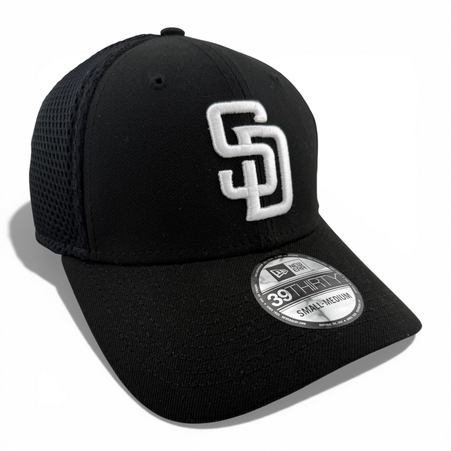 New Era San Diego Padres MLB Black White Logo Neo Mesh 39Thirty Flex Fit Hat Cap