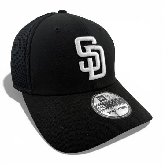 New Era San Diego Padres MLB Black White Logo Neo Mesh 39Thirty Flex Fit Hat Cap