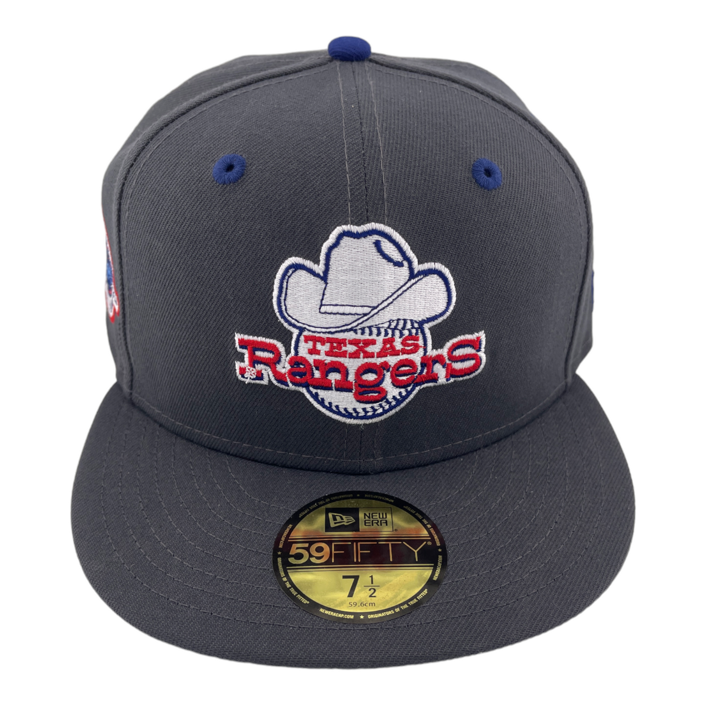 New Era Texas Rangers DC vs Marvel Arlington Stadium Patch Grey/Blue 59FIFTY Hat Cap