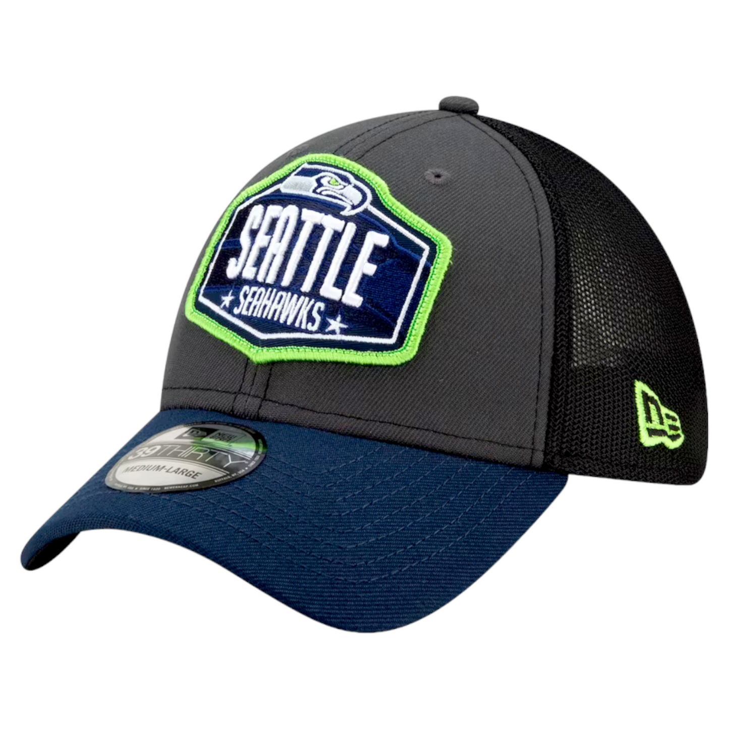 New Era Seattle Seahawks 2021 NFL Draft Blue/Grey 39Thirty Flex Fit Trucker Hat Cap