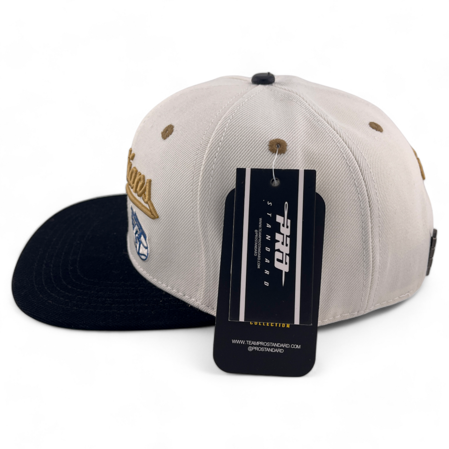 Pro Standard Cleveland Guardians Script Logo Side Patch Ivory/Gold Snapback Hat Cap