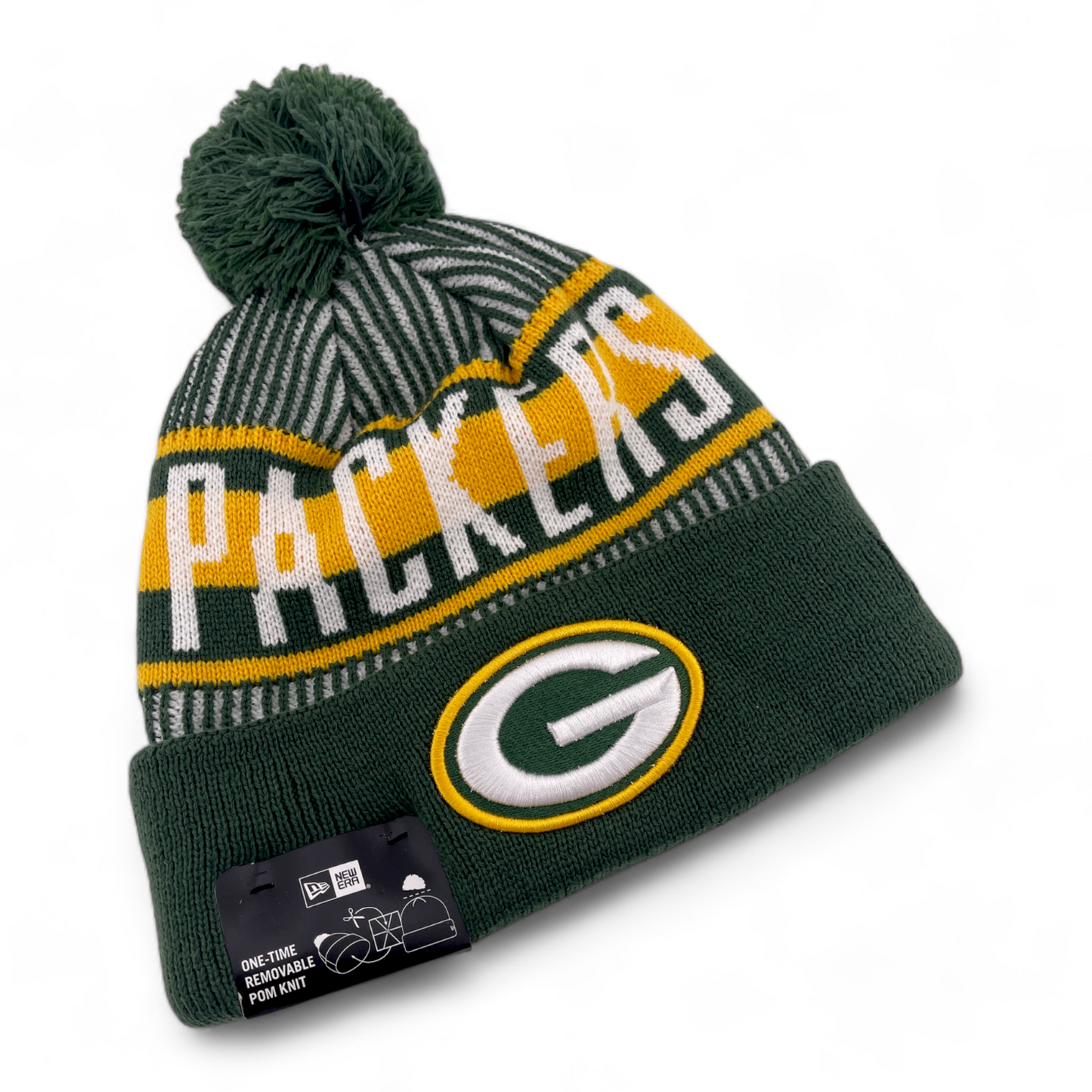 New Era Green Bay Packers NFL Striped Knit Removable Pom Beanie Cuffed Cap Hat