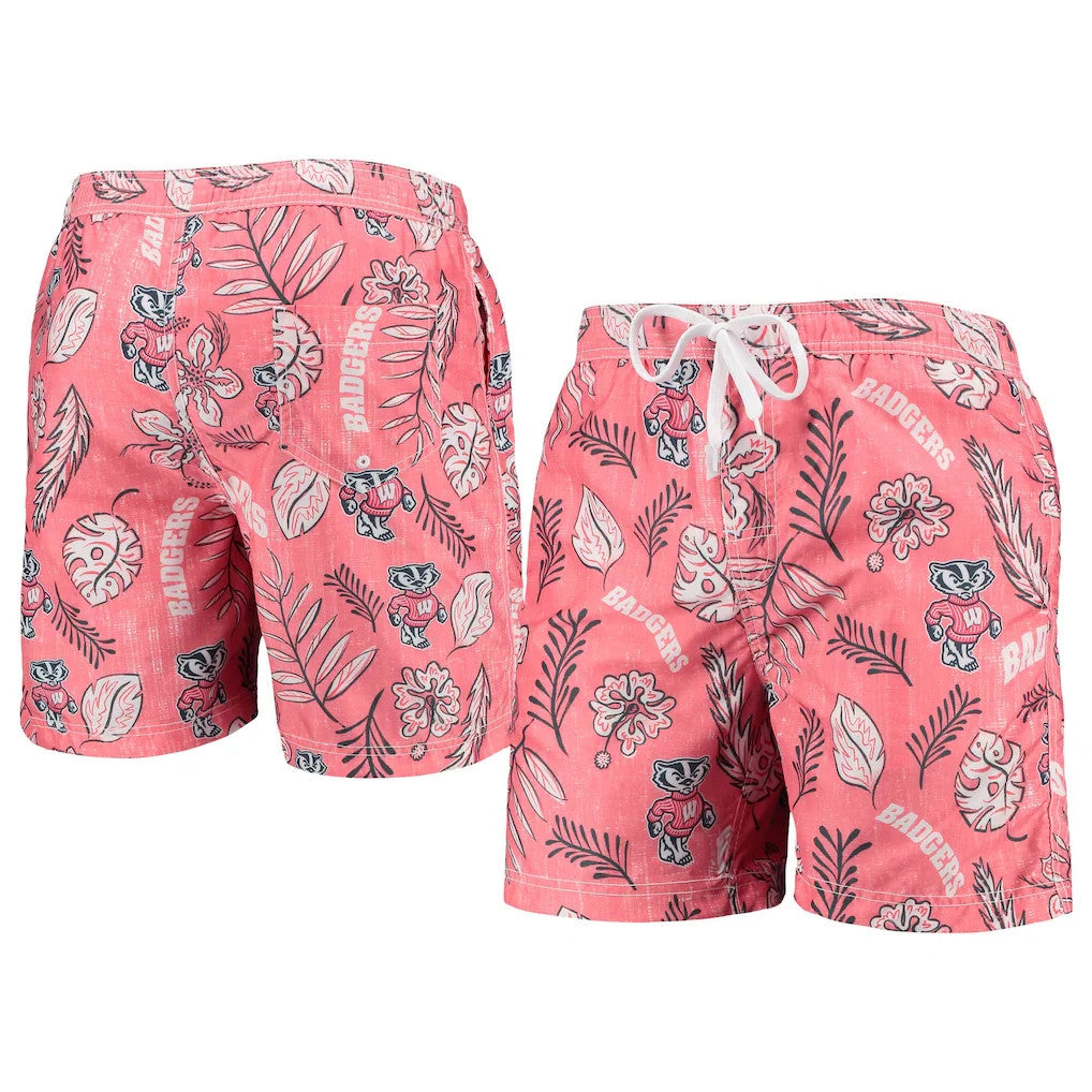 Wes & Willy University of Wisconsin Badgers Hawaiian Floral Volley Swim Trunks