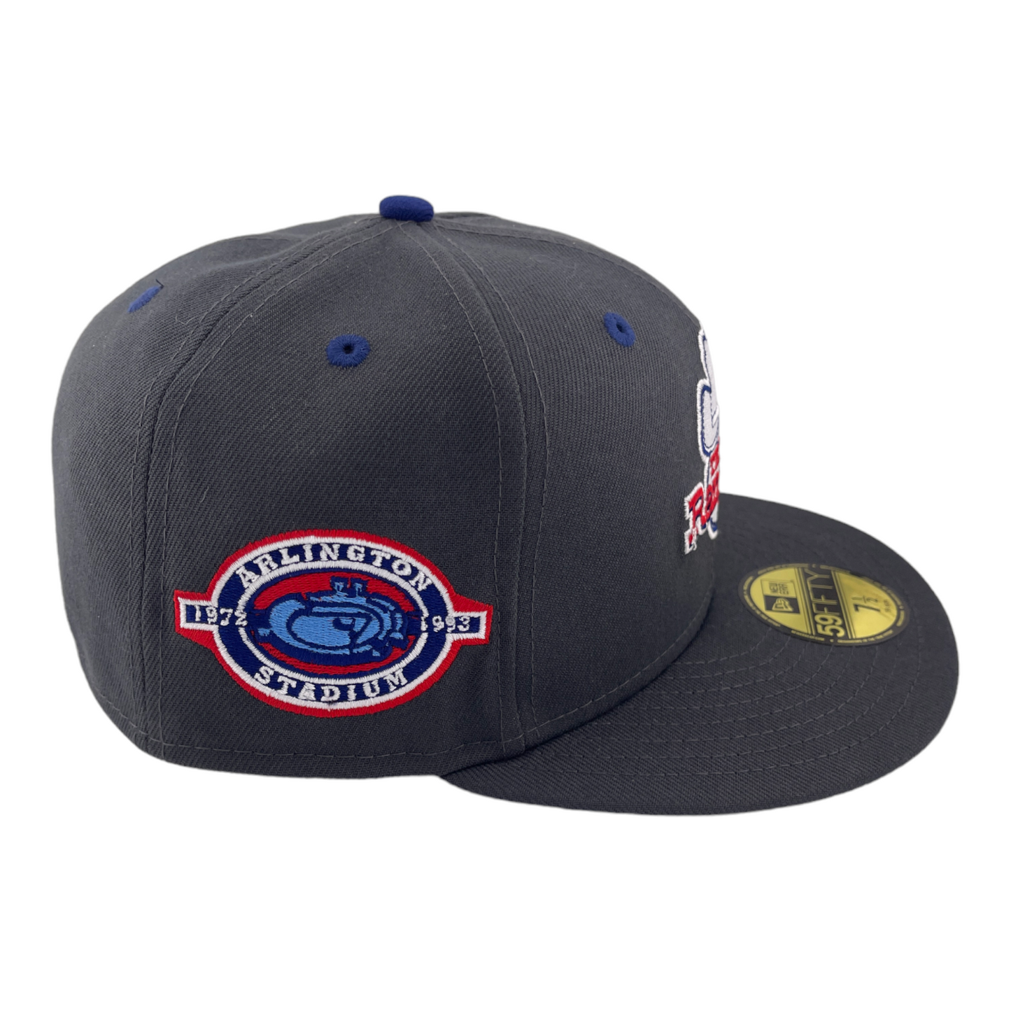 New Era Texas Rangers DC vs Marvel Arlington Stadium Patch Grey/Blue 59FIFTY Hat Cap