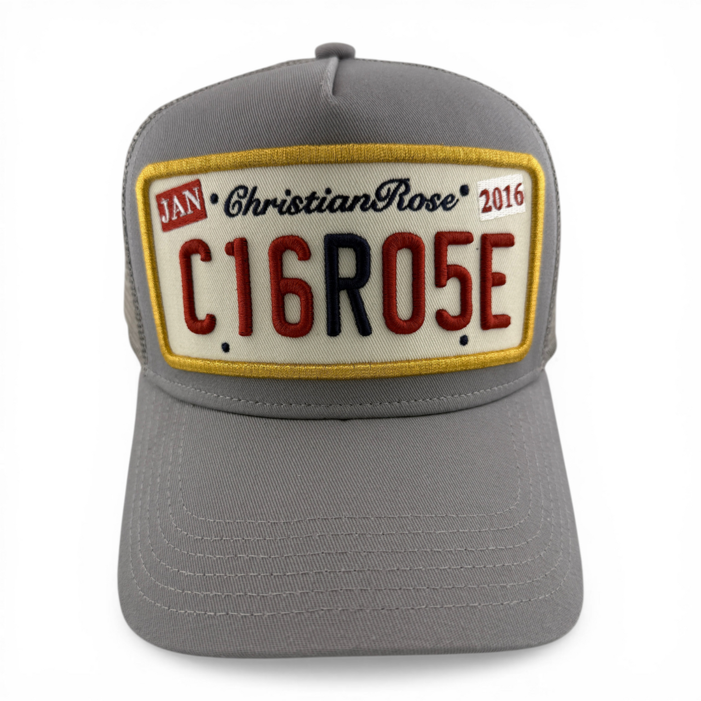 Christian Rose Iconic II London Plate Grey Trucker Mesh Back Adjustable Hat Cap