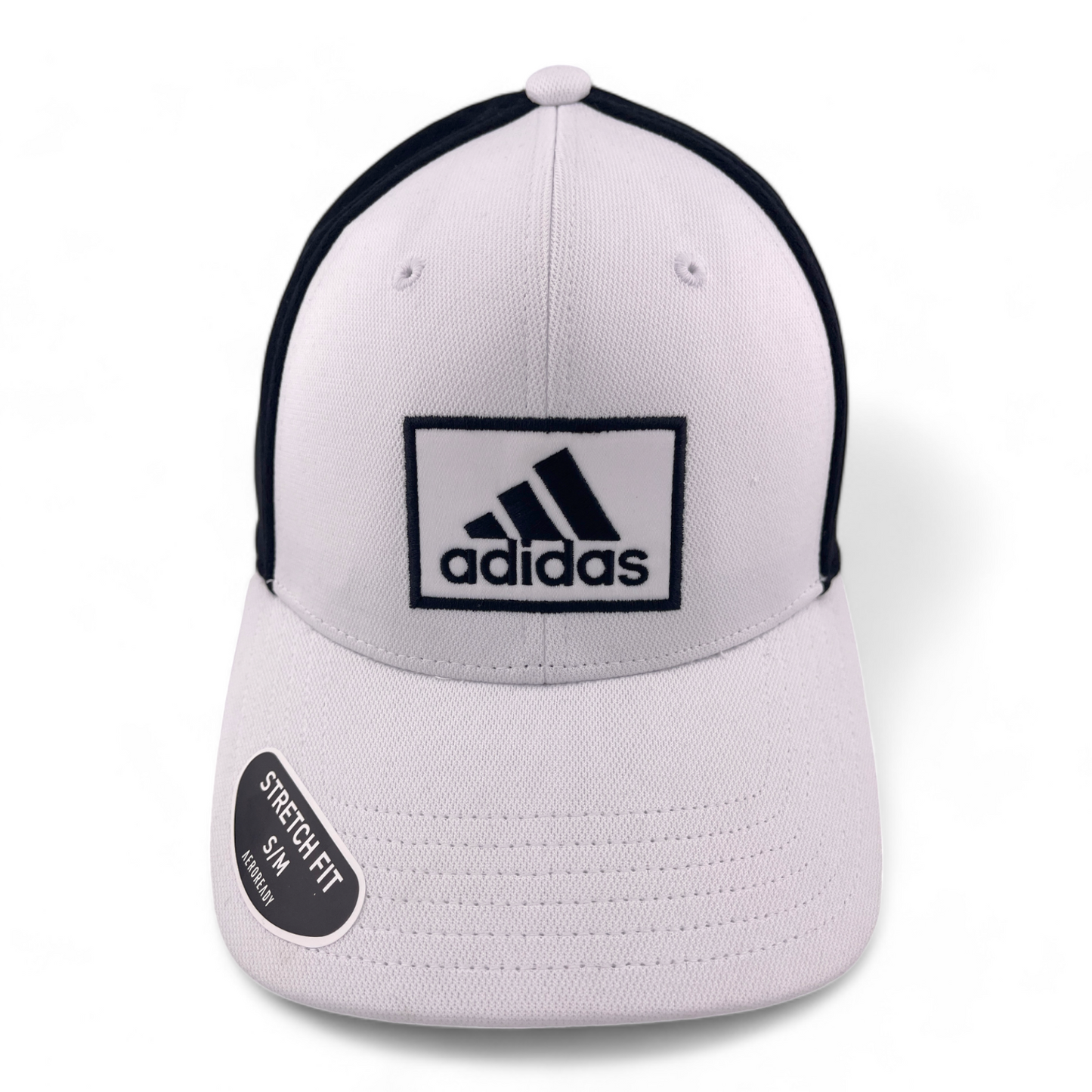 adidas Golf 2 Logo Black/White 3 Stripe Square Logo Stretch Fit Hat Cap Size S/M