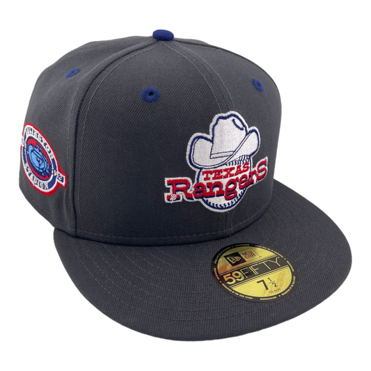 New Era Texas Rangers DC vs Marvel Arlington Stadium Patch Grey/Blue 59FIFTY Hat Cap