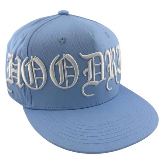 Hoodrich OG Gothic Script Logo Sky Baby Blue Fitted A-Frame Flatbill Hat Cap