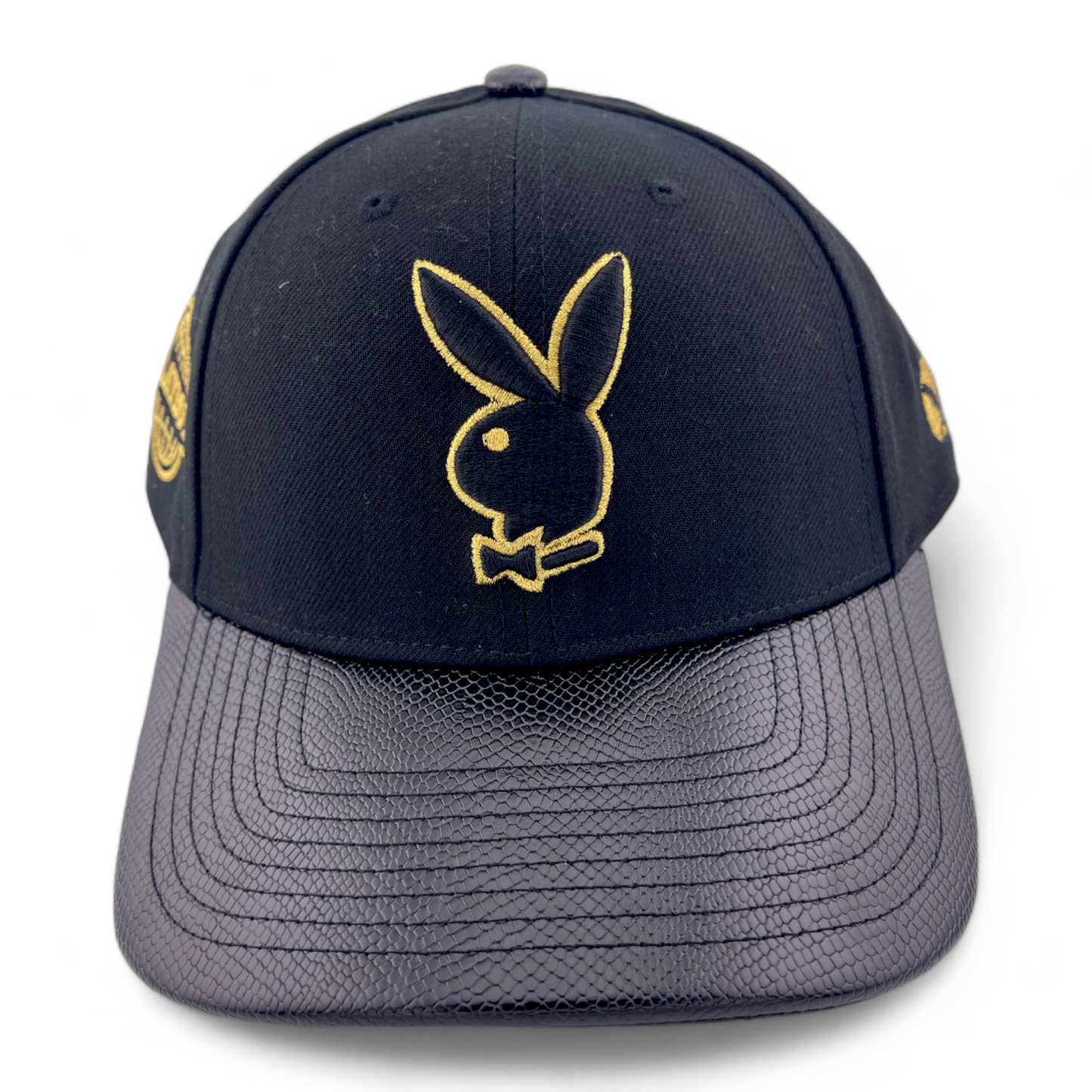 Playboy Premium Bunny Leather Bill Black/Gold Adjustable Snapback Hat Cap