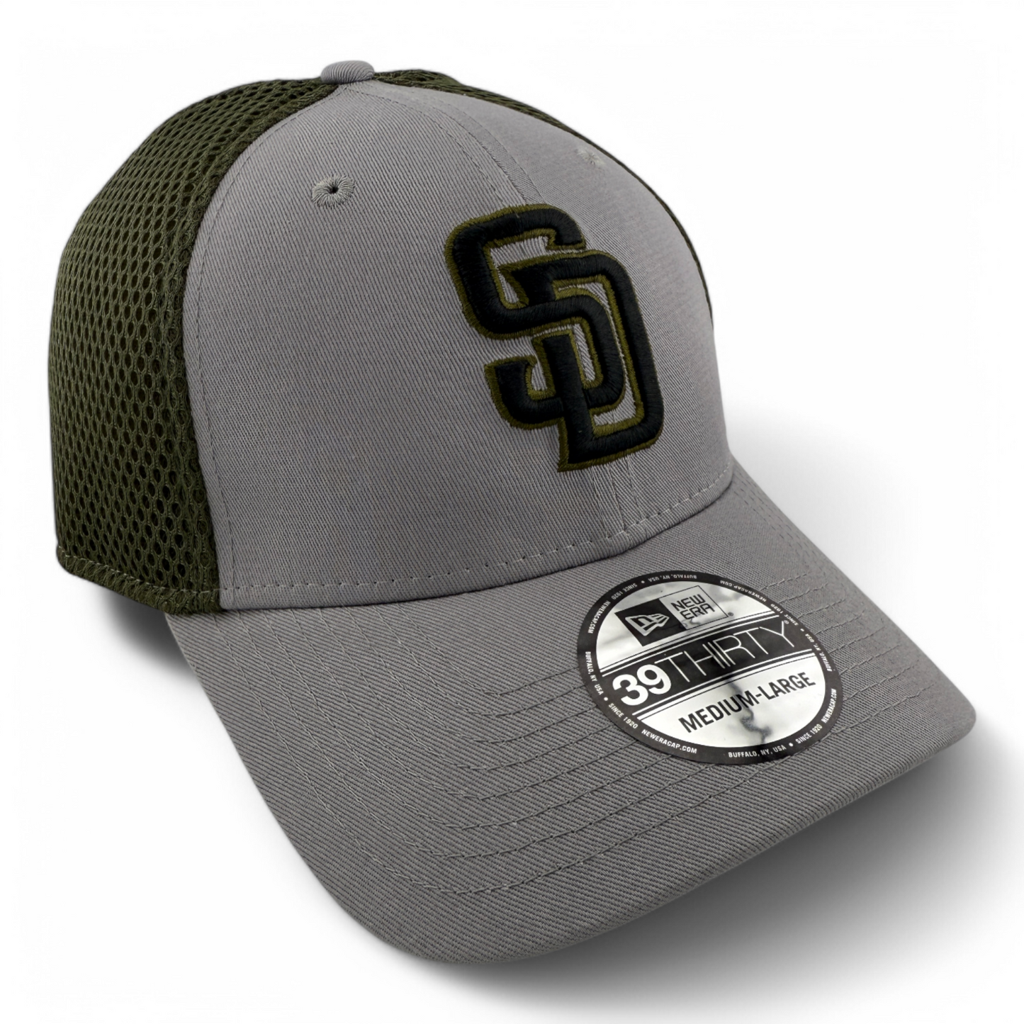 New Era San Diego Padres MLB Grey/Olive Green Neo Mesh 39Thirty Flex Fit Hat Cap