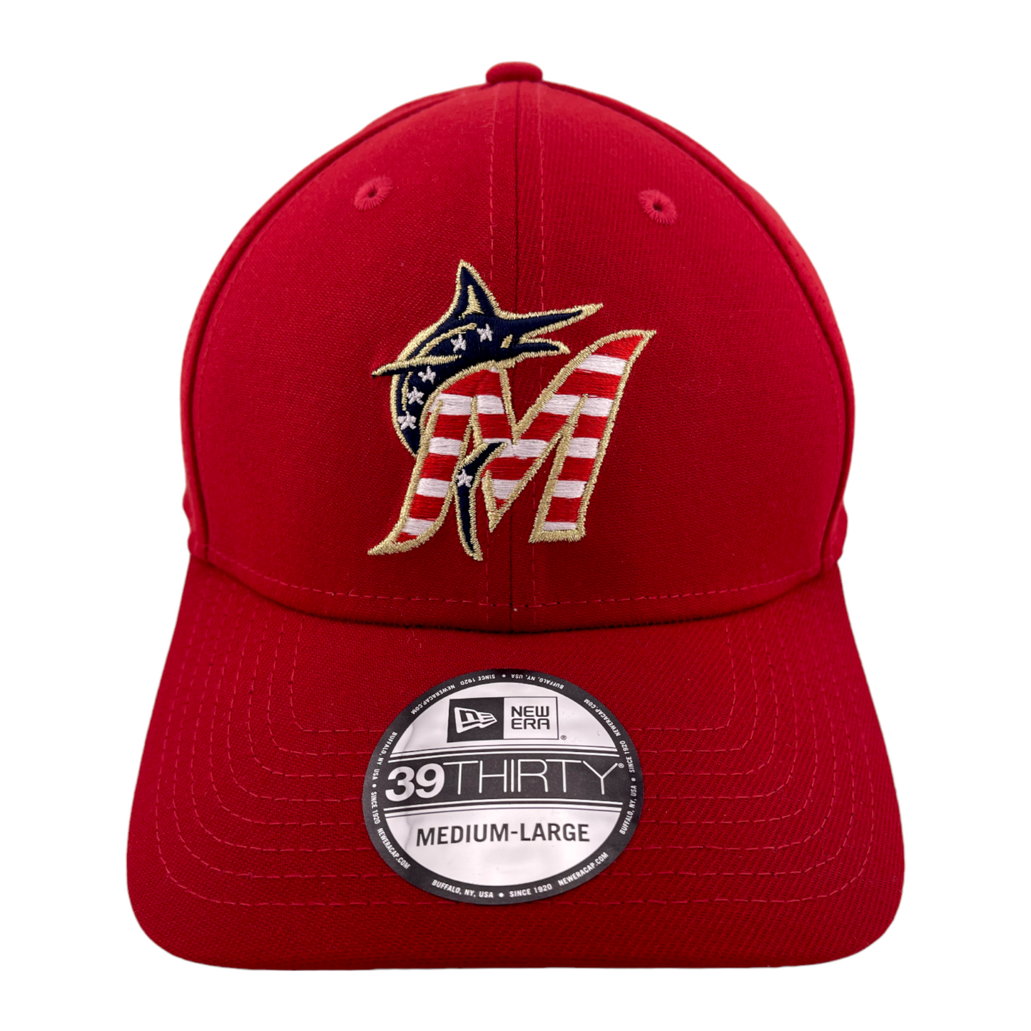 New Era Miami Marlins MLB 4th of July USA Flag 39Thirty Flex Fit Hat Cap