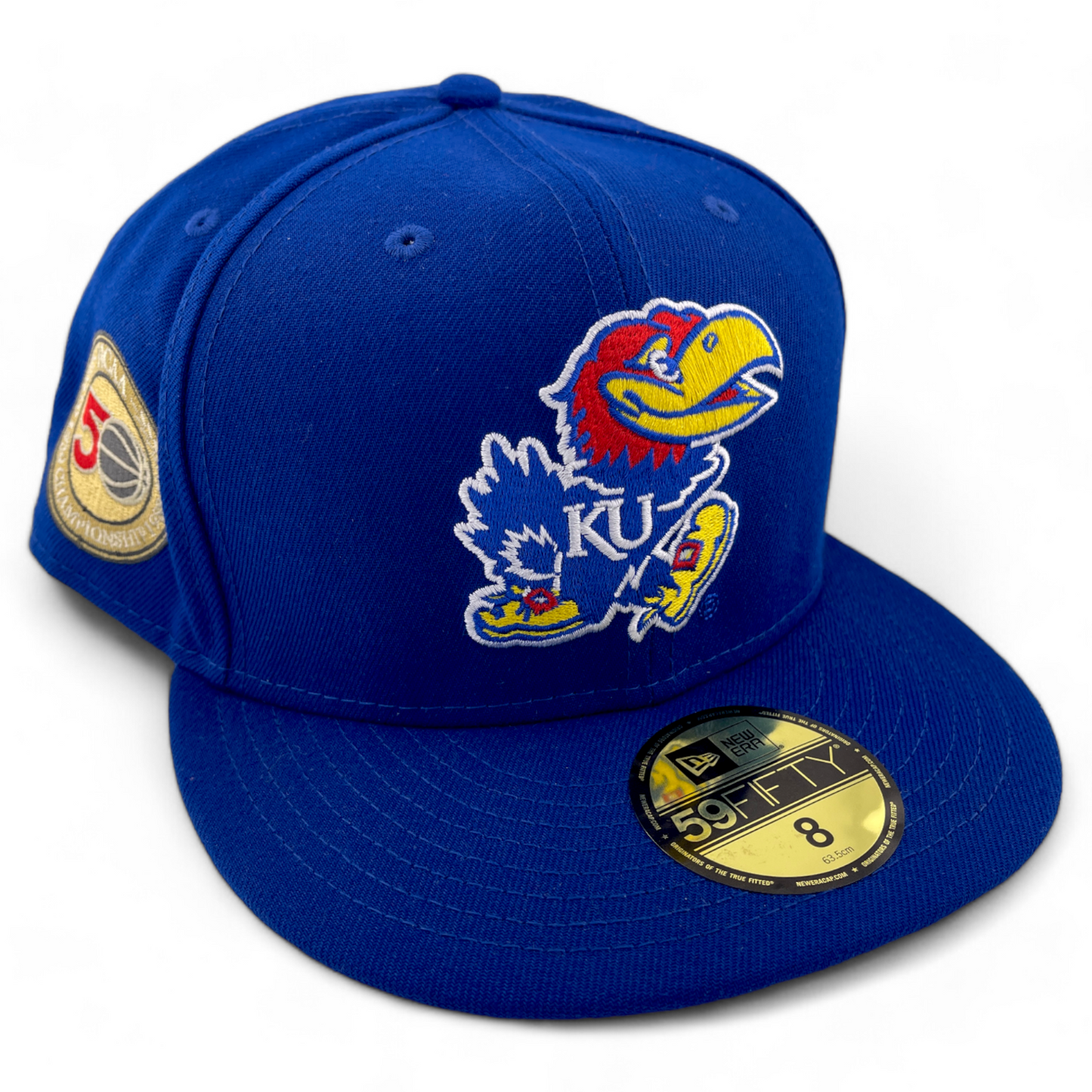 New Era Kansas University Jayhawks NCAA Blue 50th Patch 59Fifty Fitted Hat