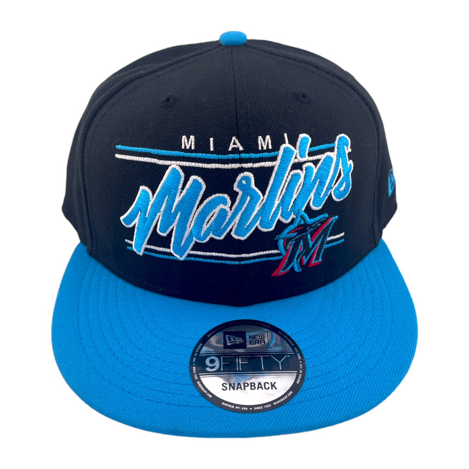 New Era Miami Marlins Team Script Logo Black/Blue/Grey UV 9FIFTY Snapback Hat Cap